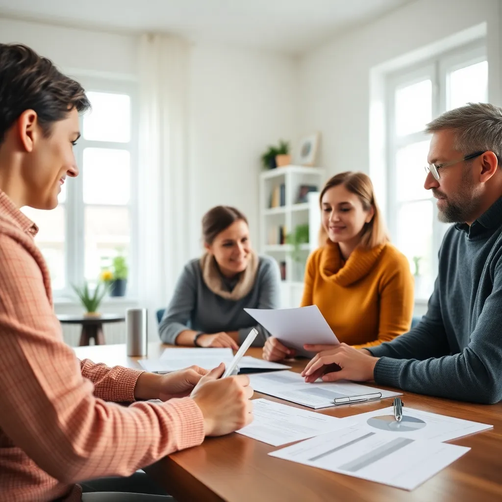 Familie die met een financieel adviseur hun toekomstplannen bespreekt