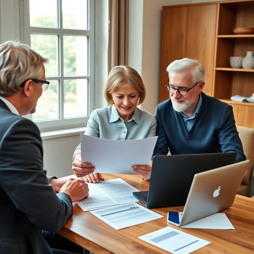 Senior koppel dat hun pensioenplan doorneemt met financieel adviseur